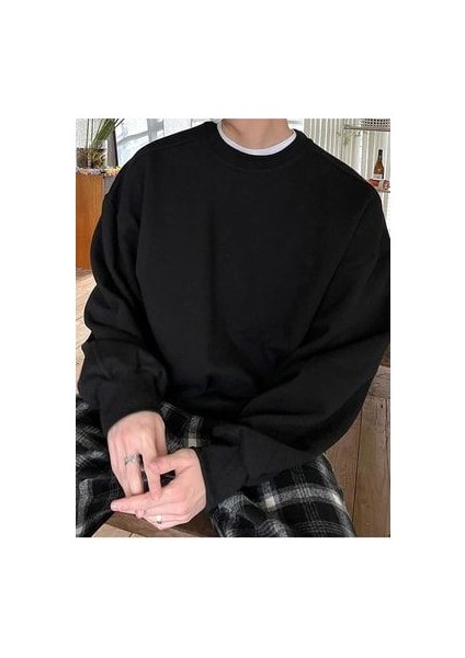 Erkek Siyah Basic Oversize Sweatshirt