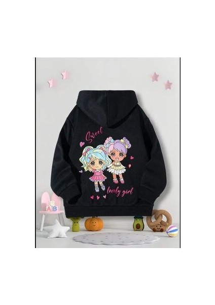 Kız Çocuk Siyah Kapüşonlu Sweet Girl Baskılı Sweatshirt