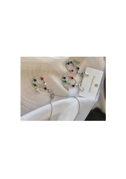 Çelik Kolye Küpe Seti Taşlı Kelebekli Oval Model Gümüş Renk modelleri