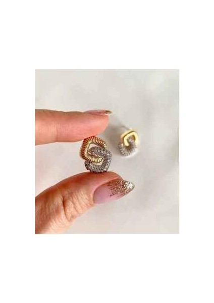 Yeni Sezon Çift Kare Taş Detaylı Shiny Gold Küpe Stk-Kpe-