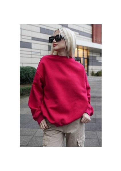 Ob Kadın Kırmızı Uzun Kollu Sweatshirt Bisiklet Yaka Oversize Basic