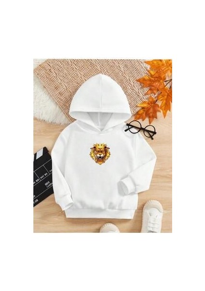 Erkek Çocuk Beyaz Minik Aslan Baskılı Sweatshirt