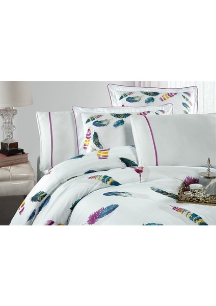 Birdy %100 Pamuk Saten King Size (XL/Battal) Nevresim Takımı - Beyaz (Desenli)