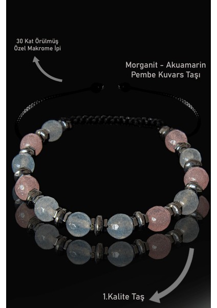 Sertifikalı Gerçek Akuamarin - Pembe Kuvars - Morganit Taşı Bileklik