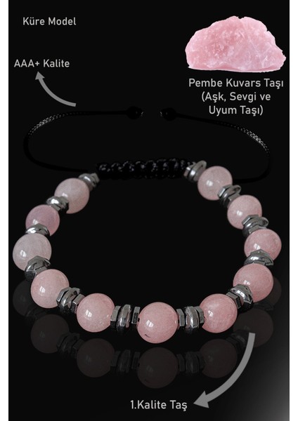 Sertifikalı Gerçek Hematit - Pembe Kuvars Taşı Bileklik
