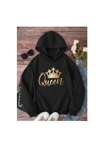 Kız Çocuk Siyah Gold Queen Baskılı Sweatshirt