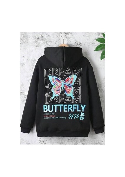 Siyah Kız Çocuk Kapşonlu Dream Butterfly Baskılı Sweatshirt