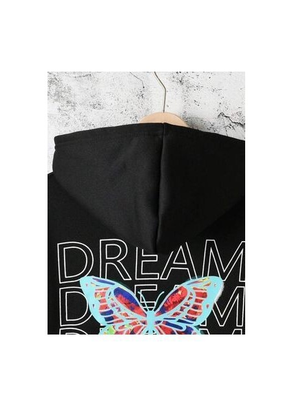 Siyah Kız Çocuk Kapşonlu Dream Butterfly Baskılı Sweatshirt