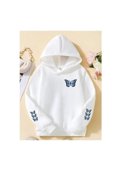 Kız Çocuk Beyaz Kapüşonlu Blue Butterfly Sweatshirt