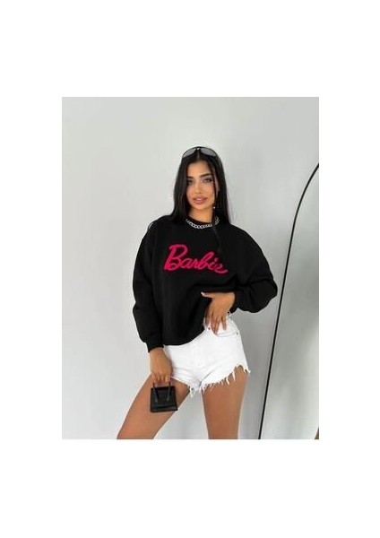 Yeni Sezon Kadın Siyah Barbie Baskılı Oversize Pamuklu (3iplik) Sweatshirt
