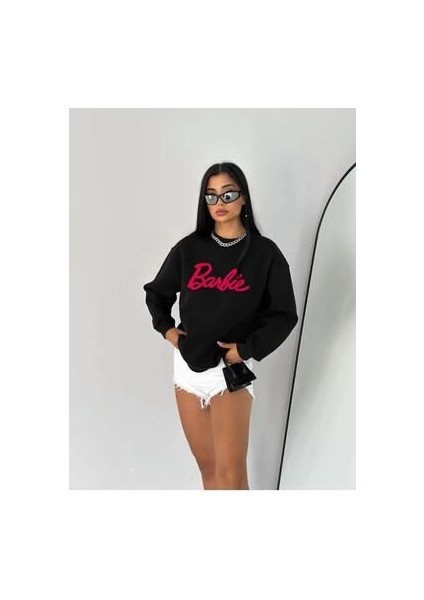 Yeni Sezon Kadın Siyah Barbie Baskılı Oversize Pamuklu (3iplik) Sweatshirt modelleri