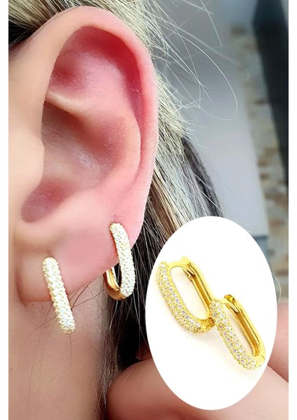 Zirkon Taş Detaylı 925 Ayar Gümüş Oval Halka Küpe