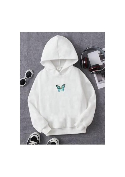 Kız Çocuk Beyaz Minik Kelebek Baskılı Sweatshirt