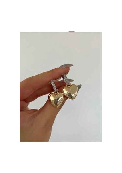 Yeni Sezon Gold Taş Detaylı ve Bombeli Kalp Küpe fiyatları