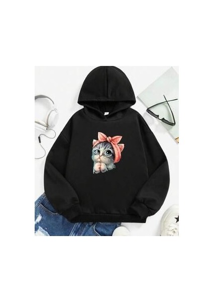 Siyah Kız Çocuk Kapşonlu Minik Kedicik Baskılı Sweatshirt