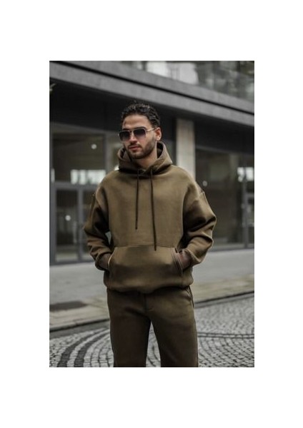 Erkek Haki Kapşonlu 3 Iplik Kanguru Cep Puf Sweatshirt
