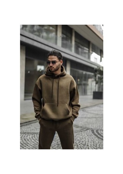 Erkek Haki Kapşonlu 3 Iplik Kanguru Cep Puf Sweatshirt