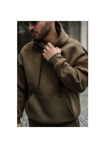 Erkek Haki Kapşonlu 3 Iplik Kanguru Cep Puf Sweatshirt