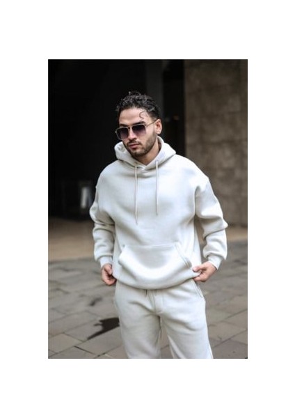 Erkek Beyaz Kapşonlu 3 Iplik Kanguru Cep Puf Sweatshirt