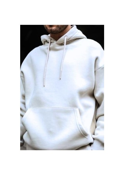 Erkek Beyaz Kapşonlu 3 Iplik Kanguru Cep Puf Sweatshirt