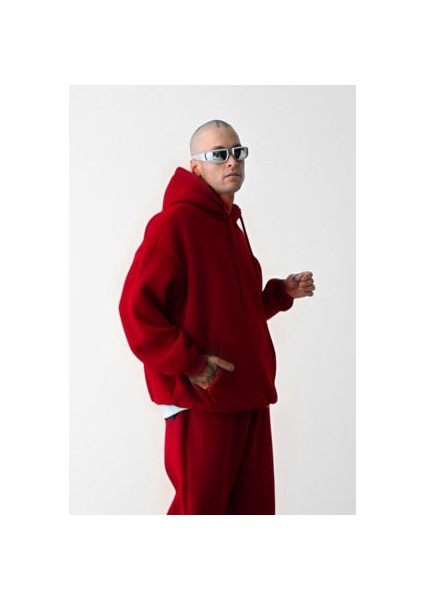 Erkek Kırmızı Oversize 3 Iplik Sweatshirt Hoodie