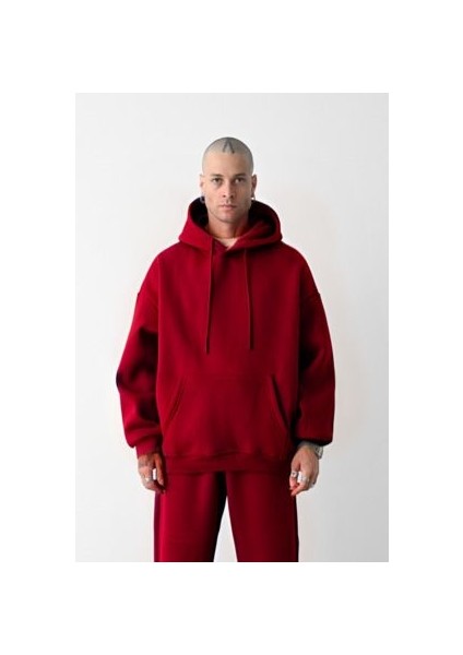 Erkek Kırmızı Oversize 3 Iplik Sweatshirt Hoodie