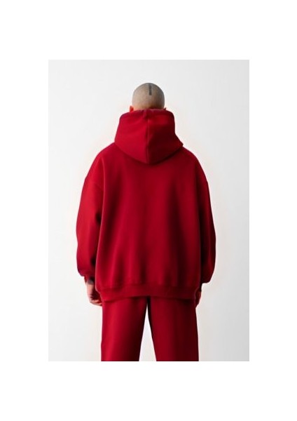 Erkek Kırmızı Oversize 3 Iplik Sweatshirt Hoodie