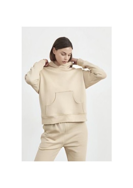 Kadın 3 Iplik Kanguru Cepli Kapşonlu Sweatshirt