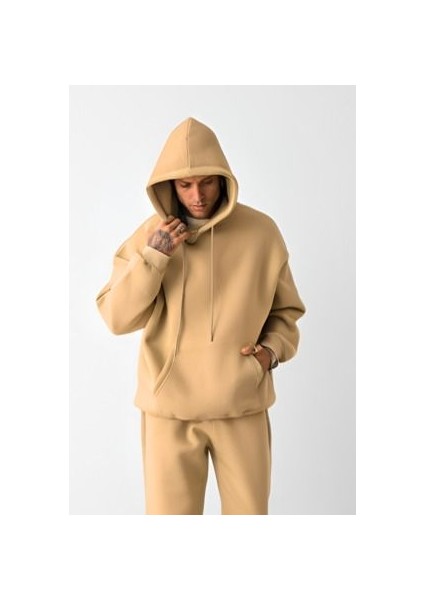 Erkek Vizon Oversize 3 Iplik Sweatshirt Hoodie