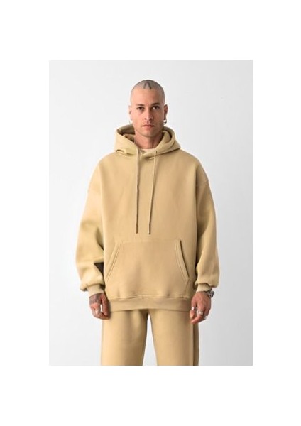 Erkek Vizon Oversize 3 Iplik Sweatshirt Hoodie