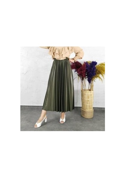 Kadın Haki Beli Lastikli Piliseli Etek