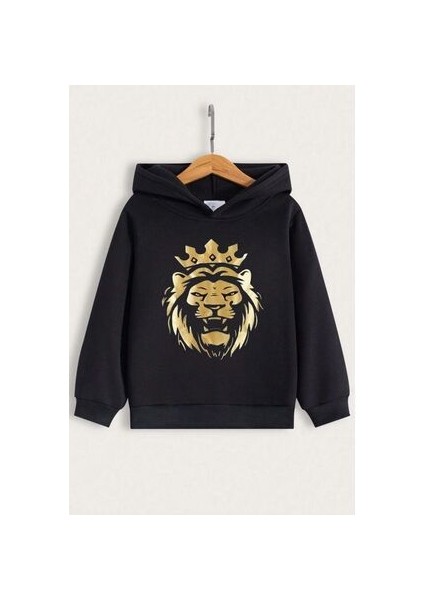 Erkek Çocuk Siyah Kapüşonlu Altın Aslan Baskılı Sweatshirt