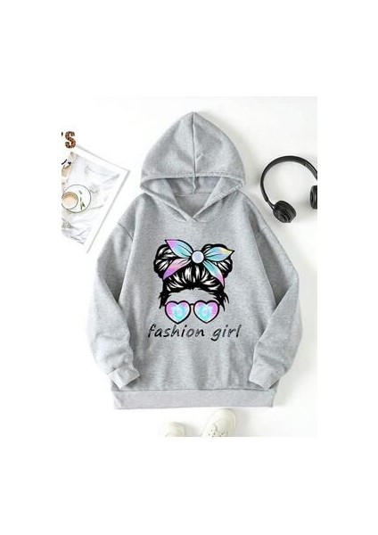 Kız Çocuk Gri Kapüşonlu Fashion Girl Baskılı Sweatshirt