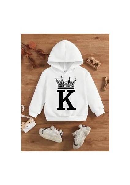 Erkek Çocuk Kapüşonlu Beyaz King Baskılı Sweatshirt