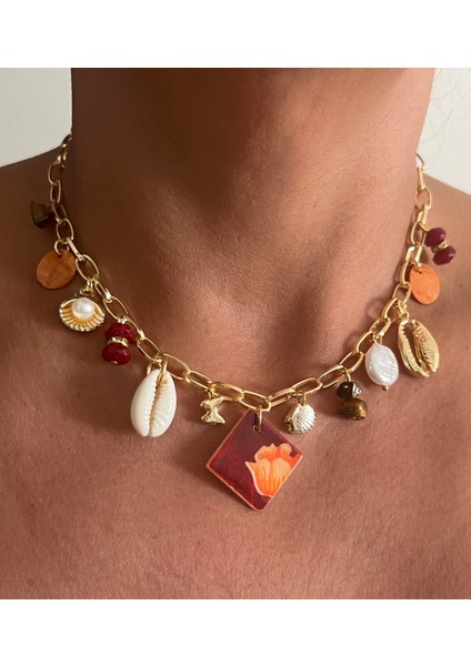 Tasarım/el Yapımı/doğal Taşlı Karışık Midye Deniz Kabuklu Sallantılı Kolye