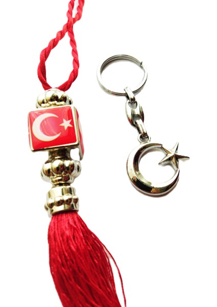 Türk Bayrağı Kırmızı Püsküllü Araba Dikiz Ayna Süsü+ Ay Yıldız Metal Anahtarlık Hediyelik Ikili Set