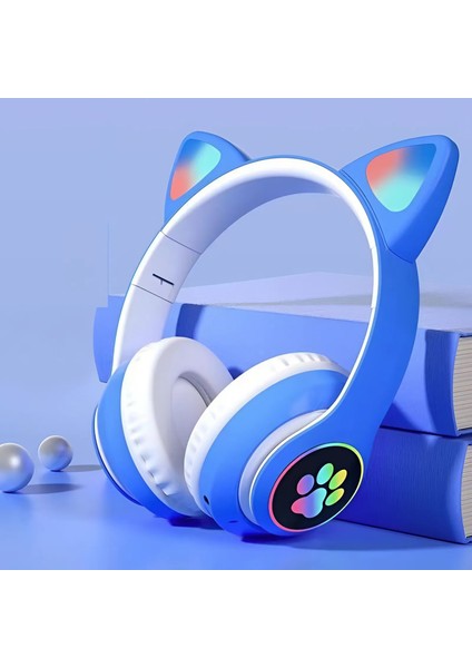 Bluetooth Kablosuz Renkli LED Işıklı Kedili Katlanabilir Sd Kartlı Çocuk Kafa ve Kulak Üstü Kulaklık