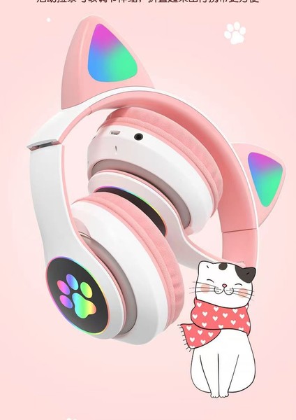 Bluetooth Kablosuz Renkli LED Işıklı Kedili Katlanabilir Sd Kartlı Çocuk Kafa ve Kulak Üstü Kulaklık modelleri