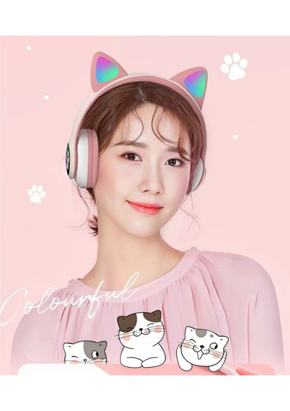 Bluetooth Kablosuz Renkli LED Işıklı Kedili Katlanabilir Sd Kartlı Çocuk Kafa ve Kulak Üstü Kulaklık indirimleri