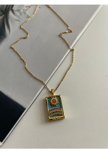 Renkli Taşlı Güneş Model Gold Tarot Çelik Kolye fiyatları