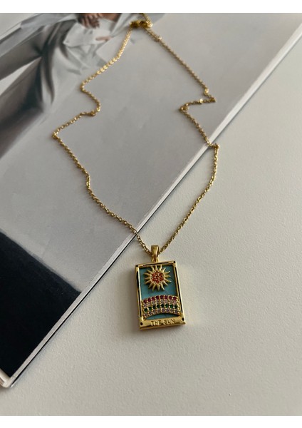 Renkli Taşlı Güneş Model Gold Tarot Çelik Kolye modelleri