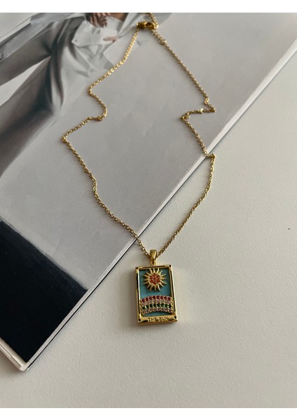 Renkli Taşlı Güneş Model Gold Tarot Çelik Kolye fırsatları