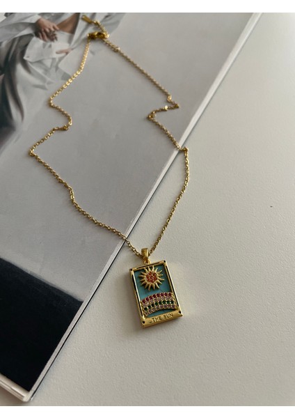 Renkli Taşlı Güneş Model Gold Tarot Çelik Kolye indirimleri