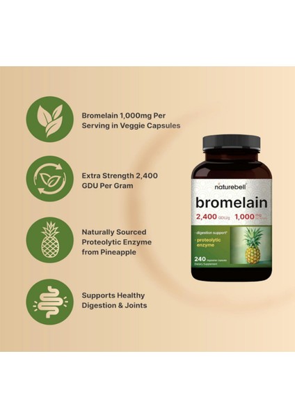 Bromelain 1000MG 240 Veggie Capsul usa Menşei 3636