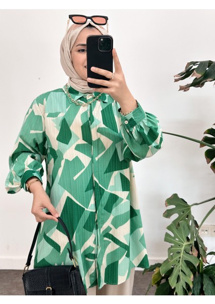 Asel Fashion Rüya Geometrik Keten Gömlek Takım Yeşil