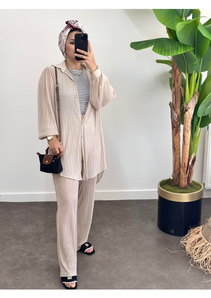 Asel Fashion Pileli Saten Takım Bej