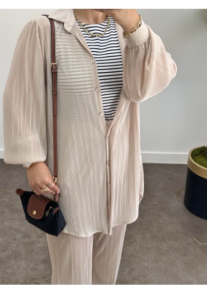Asel Fashion Pileli Saten Takım Bej