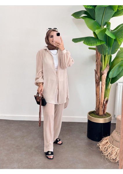 Asel Fashion Pileli Saten Takım Bej