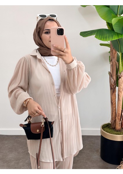 Asel Fashion Pileli Saten Takım Bej