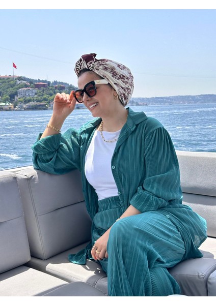 Asel Fashion Pileli Saten Gömlekli Takım Nil Yeşil